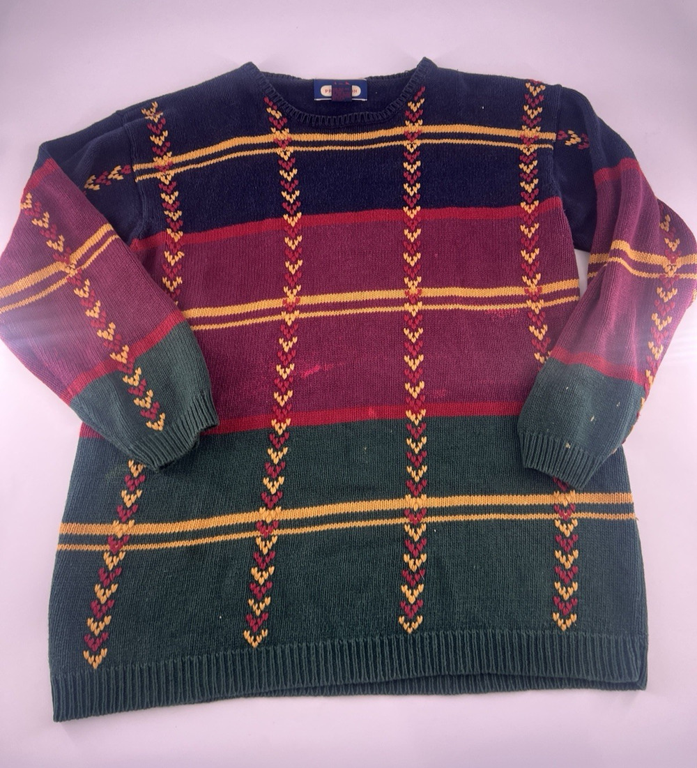 Vintage Princeton Club Sweater Mens Medium Blue Green Red Cable Fisherman 90s